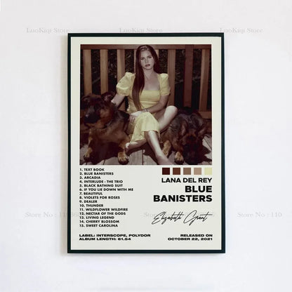 A framed poster print of lana del rey in a yellow dress with dogs featuring the blue banisters album tracklist