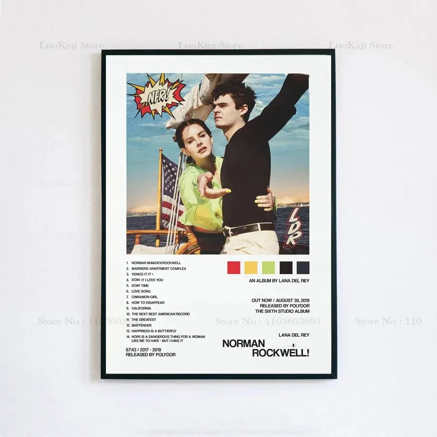Black-framed poster print featuring lana del rey and norman rockwell album cover with colorful tracklist and red-yellow-green-black blocks