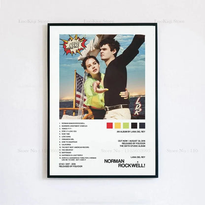 Black-framed poster print featuring lana del rey and norman rockwell album cover with colorful tracklist and red-yellow-green-black blocks