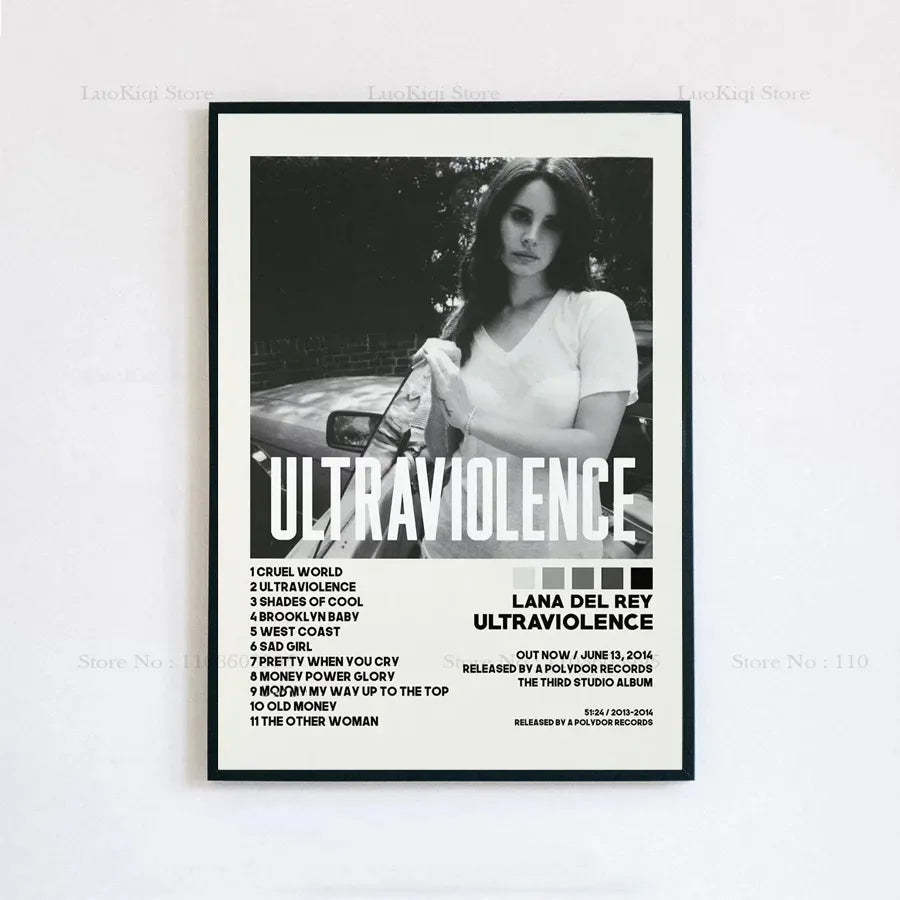 Black and white framed poster print featuring lana del rey ultraviolence album tracklist and monochrome photo for home decor