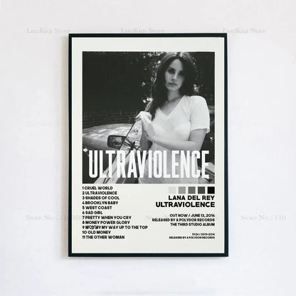 Black and white framed poster print featuring lana del rey ultraviolence album tracklist and monochrome photo for home decor