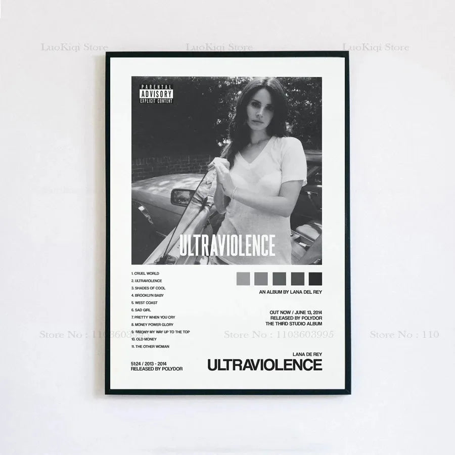 Black and white framed poster print of lana del rey ultraviolence album cover with grayscale photo on canvas wall art