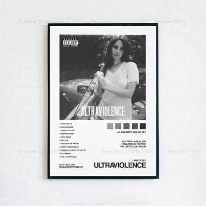 Black and white framed poster print of lana del rey ultraviolence album cover with grayscale photo on canvas wall art