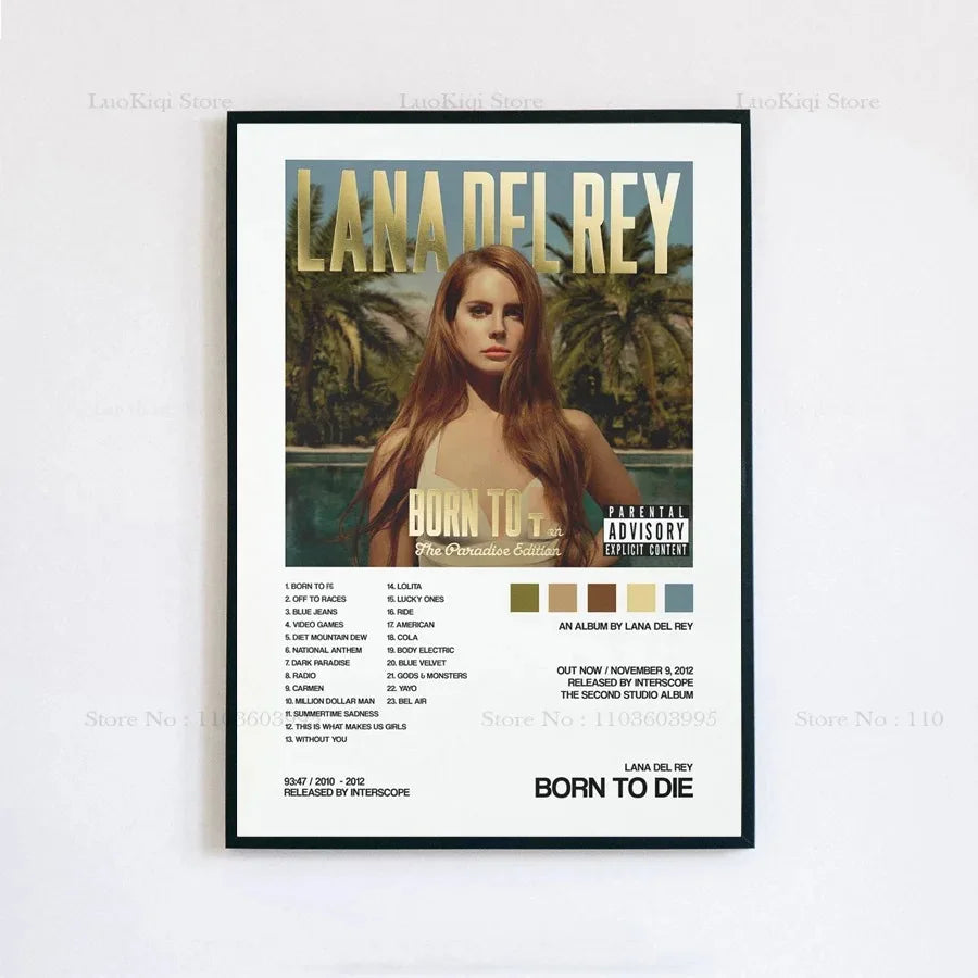 Black-framed poster print of lana del rey born to die album cover with gold lettering and tropical beach scene