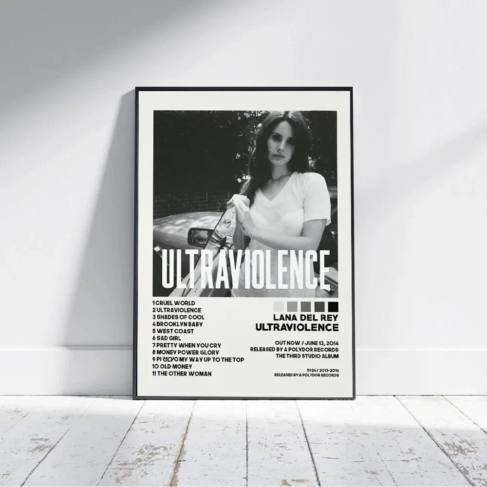 Black and white framed poster print featuring lana del rey ultraviolence album cover with tracklist and release details