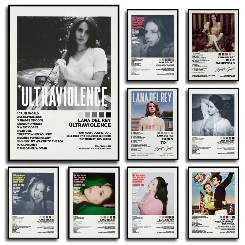 Black and white framed poster print of lana del rey ultraviolence album cover music wall art for living room decor
