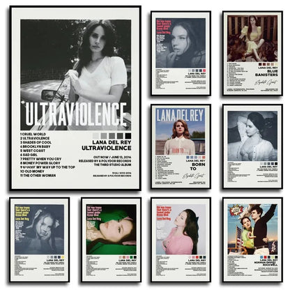Black and white framed poster print of lana del rey ultraviolence album cover music wall art for living room decor