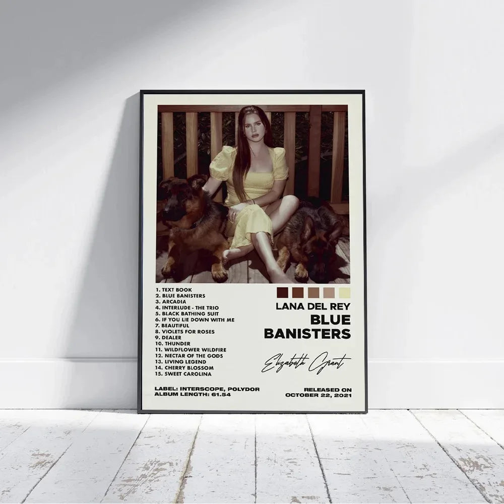 A framed poster print of lana del rey in a yellow dress with dogs featuring the blue banisters album tracklist for home decor