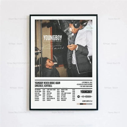 Black-framed poster print of youngboy never broke again sincerely kentrell album cover with headphones and white jacket