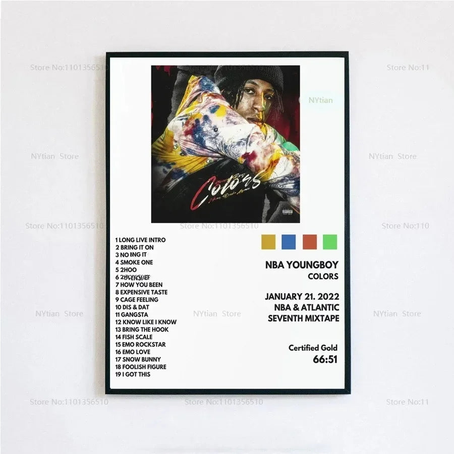 Black-framed poster print featuring nba youngboy in a multicolored jacket with the album title colors for room decor