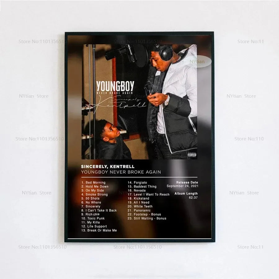 Black-framed poster print featuring youngboy never broke again album tracklist for hip hop music wall art decor