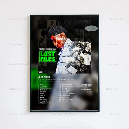 Black-framed poster print of youngboy never broke again lost files album cover with green neon title and white tracklist on dark background