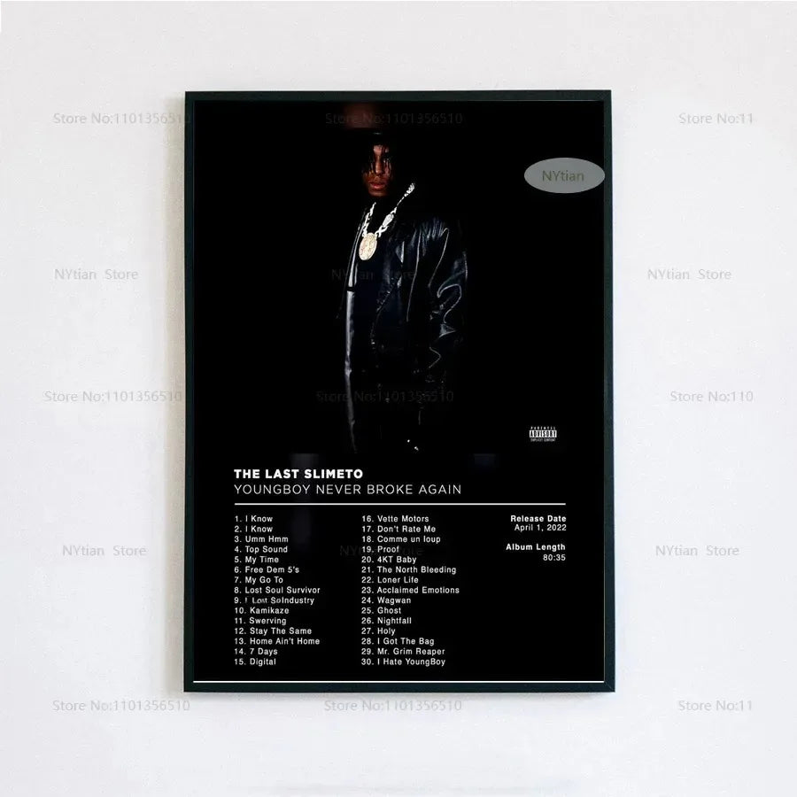 Black-framed poster print featuring youngboy never broke again portrait in black leather jacket with last slimeto album title
