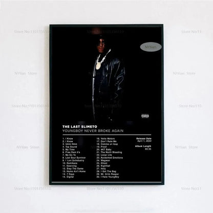 Black-framed poster print featuring youngboy never broke again portrait in black leather jacket with last slimeto album title