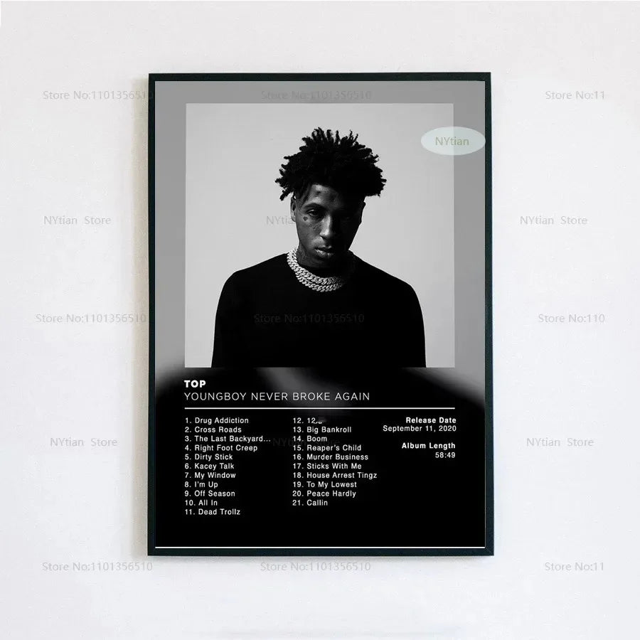 Black-framed poster print featuring a black-and-white portrait of youngboy never broke again with album tracklist below