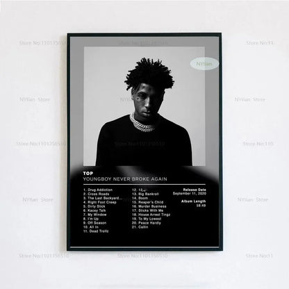 Black-framed poster print featuring a black-and-white portrait of youngboy never broke again with album tracklist below