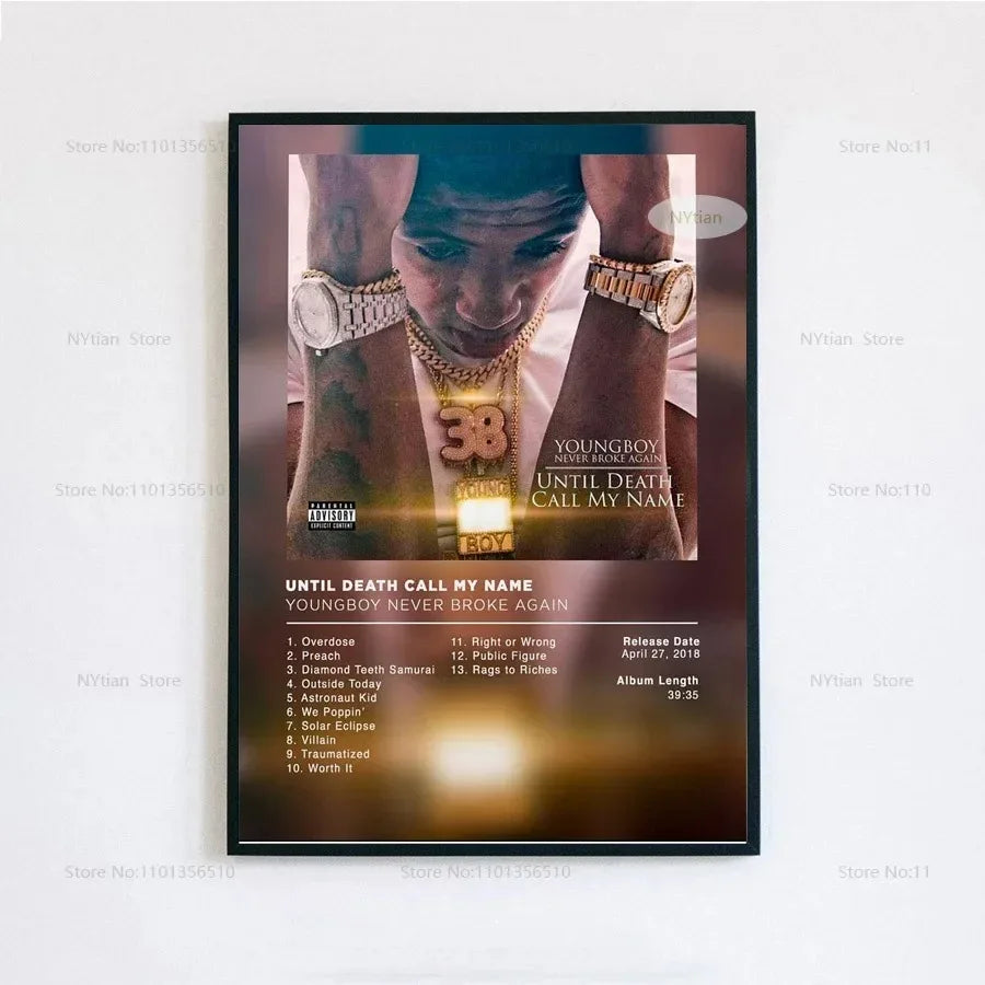 Black-framed poster print featuring YoungBoy never broke again with gold chains displaying album until death call my name