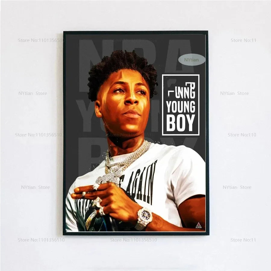 Black-framed poster print featuring stylized youngboy never broke again portrait with silver chains for hip hop room decor