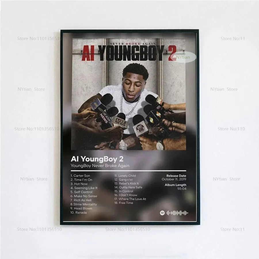 Black-framed poster print featuring youngboy never broke again ai youngboy 2 album cover with tracklist and microphones