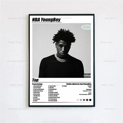 Black-framed poster print featuring nba youngboy black-and-white portrait with chain and top album track listing on white background
