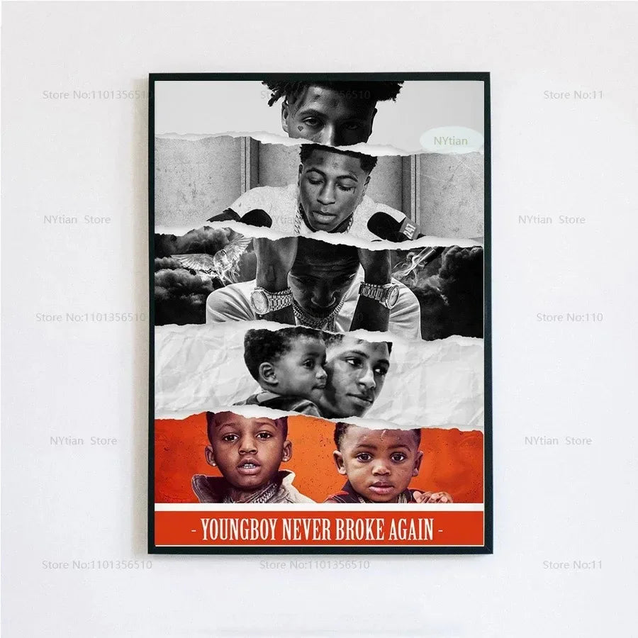 Black and white and orange collage poster print featuring youngboy never broke again with torn paper design for wall decor