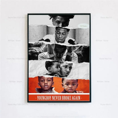 Black and white and orange collage poster print featuring youngboy never broke again with torn paper design for wall decor