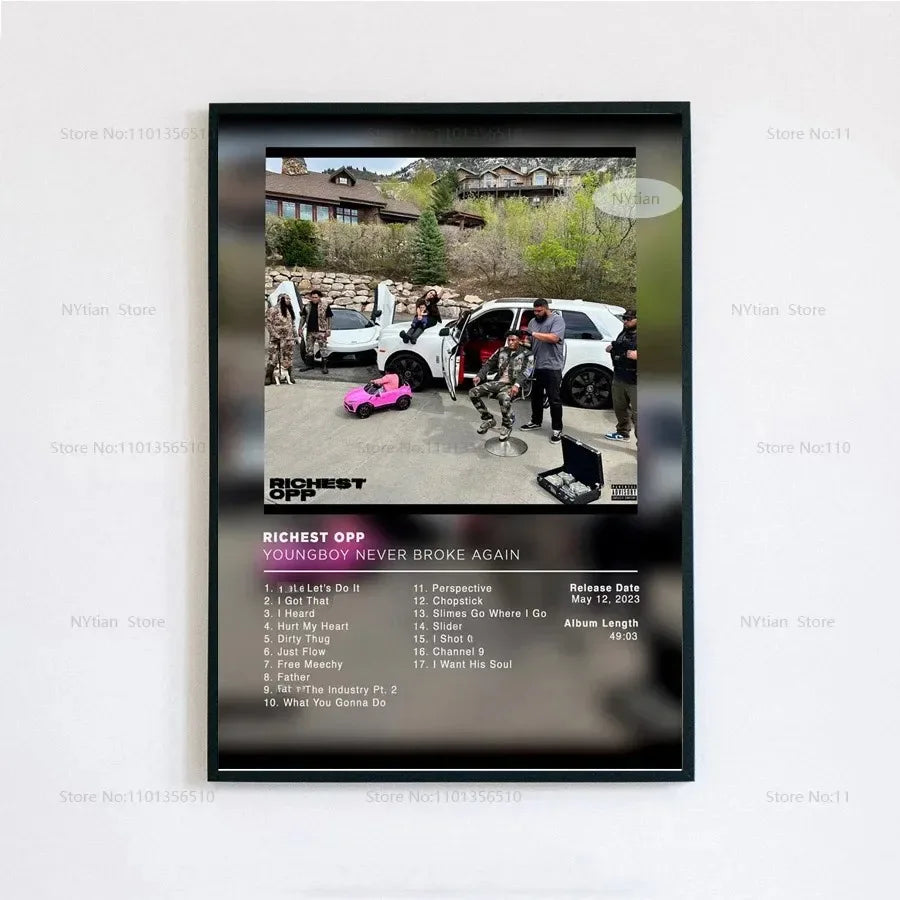 Black-framed poster print featuring white suv pink toy car and camouflage figures mountain backdrop for home decor