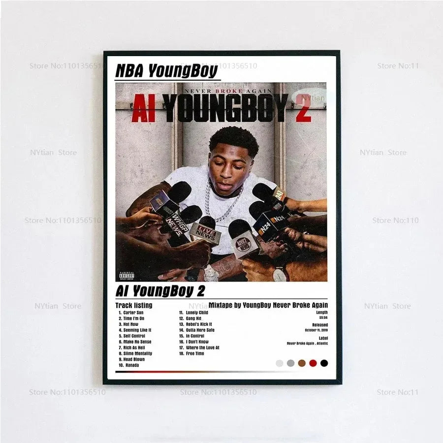 Black-framed poster featuring nba youngboy surrounded by microphones with ai youngboy 2 album track listing and design elements