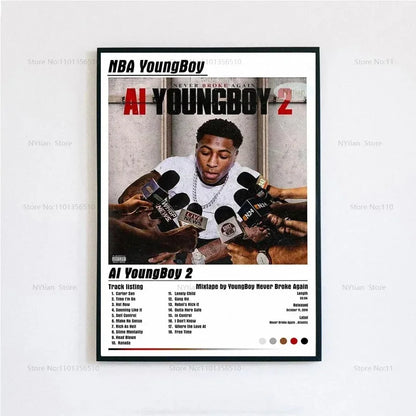 Black-framed poster featuring nba youngboy surrounded by microphones with ai youngboy 2 album track listing and design elements