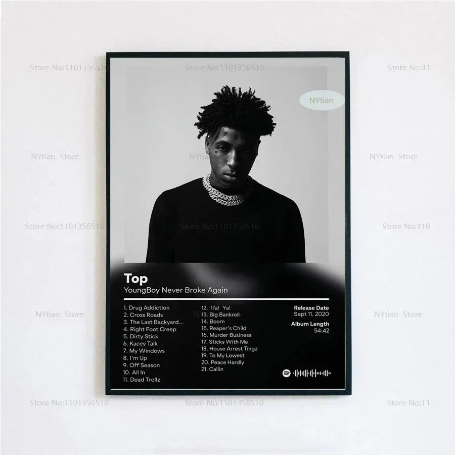Black and white framed poster of youngboy never broke again with album tracklist for hip hop wall art decor