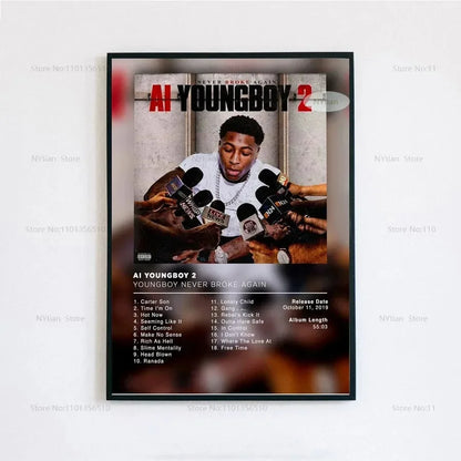 Black-framed poster print featuring youngboy never broke again album cover with tracklist for hip hop wall art decor