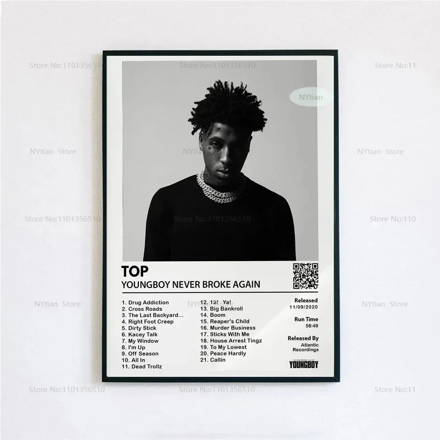 Black-and-white framed poster print featuring youngboy never broke again with song titles from album top for home decor