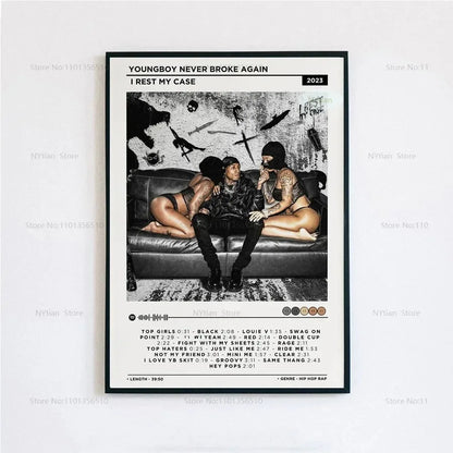 Black-framed poster print featuring youngboy never broke again i rest my case album cover with monochrome image and graffiti art