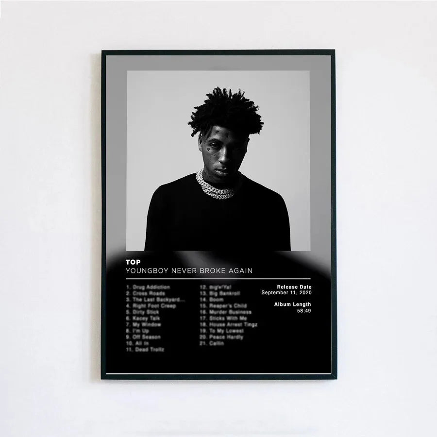 Black-framed poster print featuring a black and white portrait of youngboy never broke again with album tracklist and release details