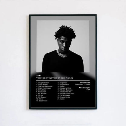 Black-framed poster print featuring a black and white portrait of youngboy never broke again with album tracklist and release details