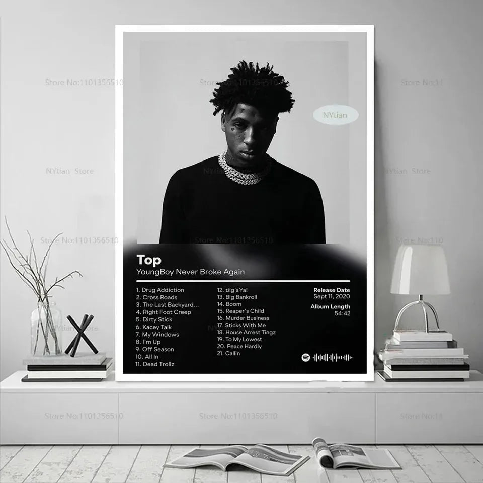 Black and white framed poster print featuring youngboy never broke again with top album tracklist for wall decor