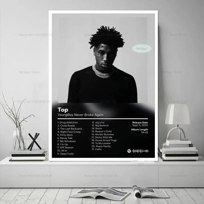 Black and white framed poster print featuring youngboy never broke again with top album tracklist for wall decor
