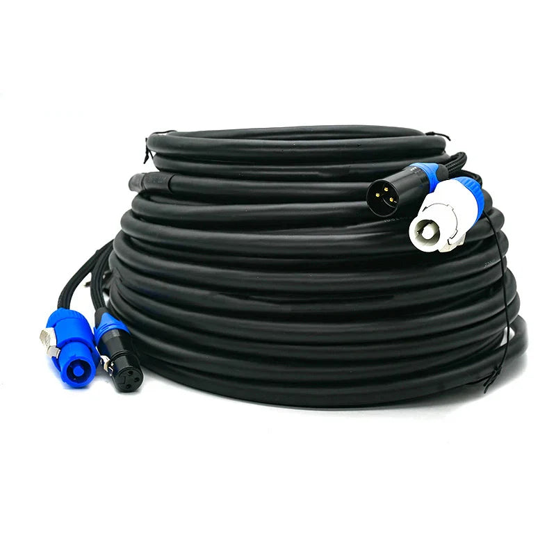 Black coiled compatible combi cable with blue and white connectors for powercon dmx combo and moving heading lighting