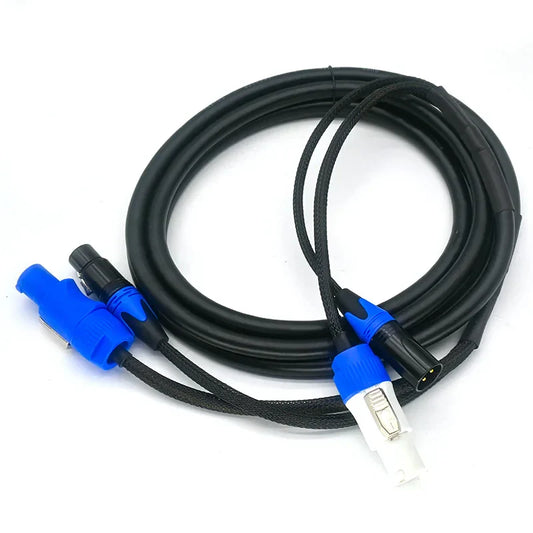 Black coiled audio cable with blue and black xlr connectors compatible combi cable for powercon dmx combo moving heading lighting