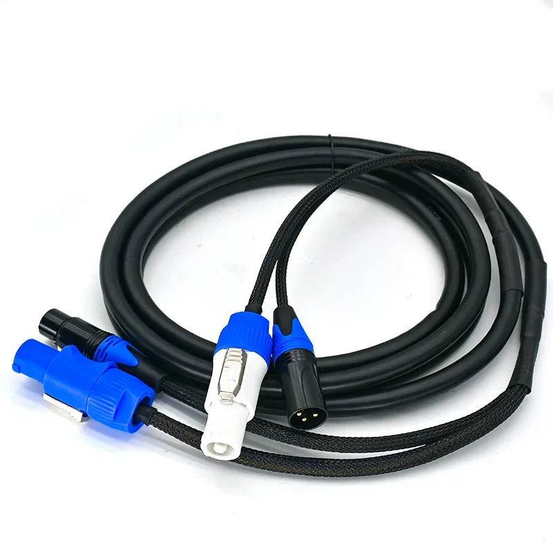 Black coiled compatible combi cable with blue and white connectors for powercon dmx combo moving heading lighting