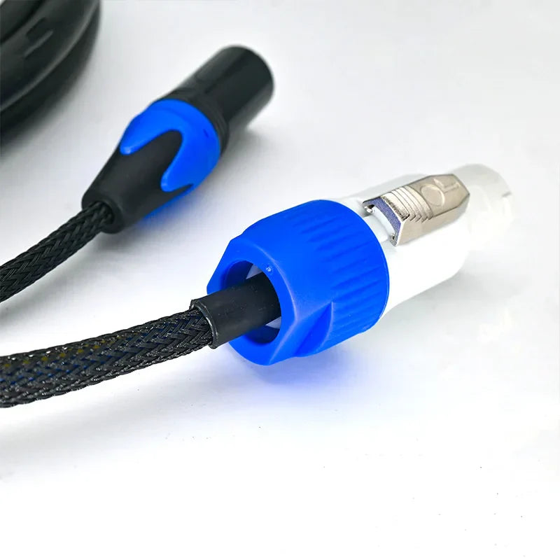Blue and white 3 pin xlr audio cable with black braided shielding compatible combi cable for powercon dmx combo lighting