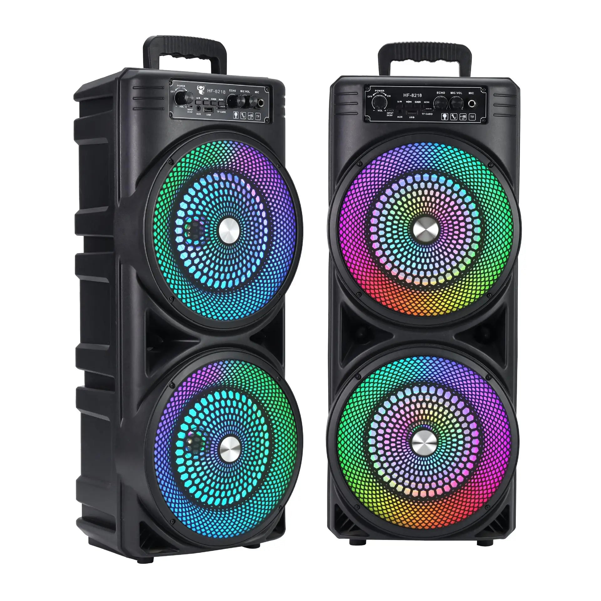 Black powerful bluetooth portable sound box speakers with vibrant multicolored led lights illuminating circular grilles