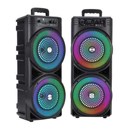 Black powerful bluetooth portable sound box speakers with vibrant multicolored led lights illuminating circular grilles