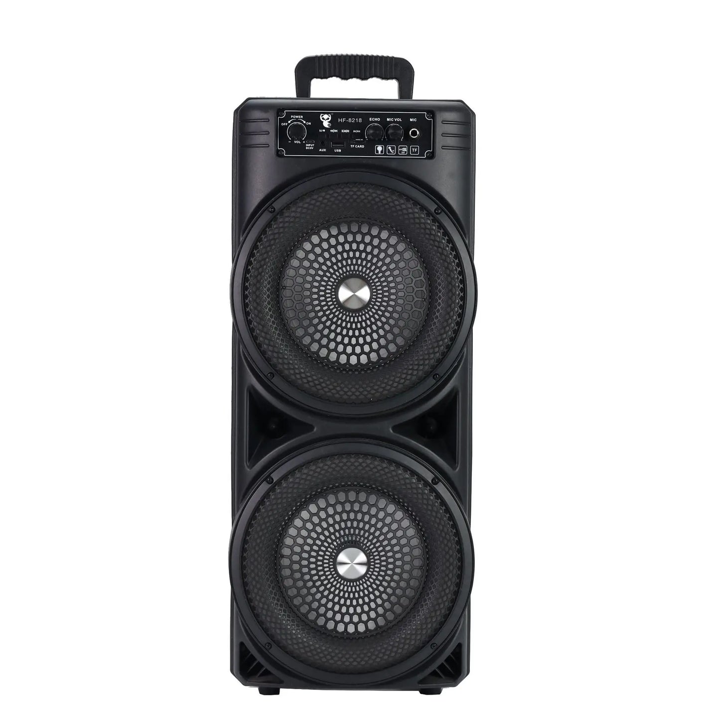 Black portable powerful bluetooth sound box with dual silver-centered drivers and perforated grille for wireless audio