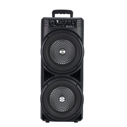 Black portable powerful bluetooth sound box with dual silver-centered drivers and perforated grille for wireless audio
