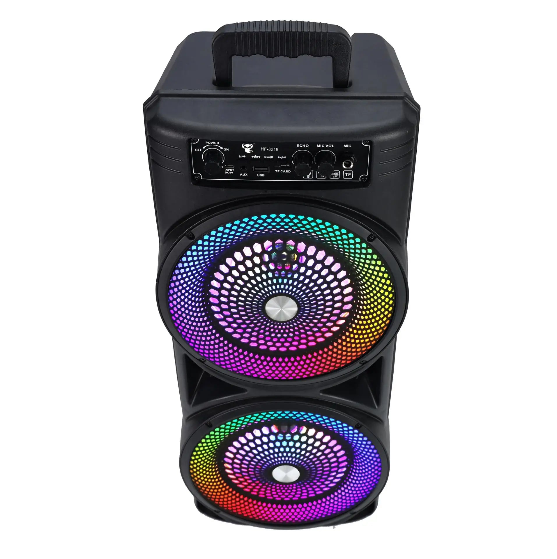 Black powerful bluetooth sound box with dual circular drivers rainbow led lighting and top handle portable subwoofer