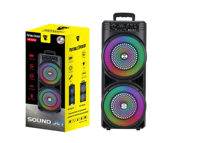 Black powerful bluetooth sound box with dual circular speakers, rainbow led lights, and top handle for portability