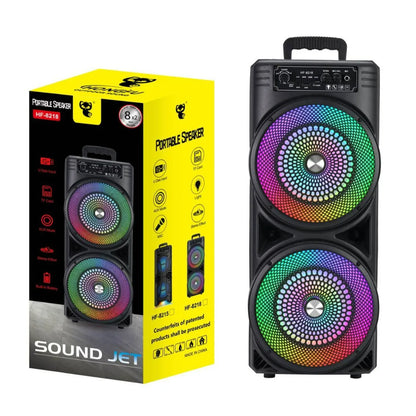 Black powerful bluetooth portable sound box with dual large speakers, rainbow led lights, handle, and wireless stereo audio