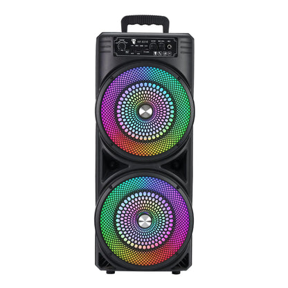 Black powerful bluetooth dual speaker sound box with two large drivers and vibrant rainbow led lighting control panel on top