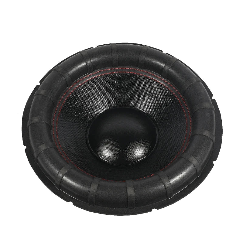 Black subwoofer with red stitching and textured glossy finish featuring big surround dust cap repairing kits